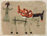 M. F. Husain, Untitled (Woman with Two Donkeys), lithograph in colors