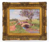 Lucien Mignon, Shepherdess in Summer Landscape, oil on canvas