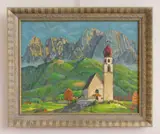 William S. Gisch, Mountainous Landscape with Church, oil on panel, 1972