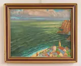 William S. Gisch, Coastal Town Scene, oil on canvas board