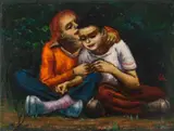 Secrets- Brother and Sister by Albert Pels, oil on canvas (unstretched), offered Sep 2025