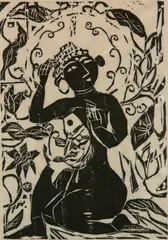 Shikō Munakata, Fish and Flower and Female Buddha, woodcut, 1957