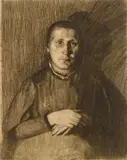 Käthe Kollwitz, Frau Mit Ubereinandergelegtenhanden, etching, 1898, Van der Becke blindstamp lower right corner of