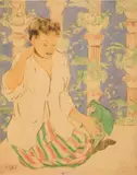 George Biddle, Kneeling Negress with Parrot, drypoint in colors, 1917