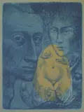 Ernst Fuchs, Selbst III, etching in colors on blue paper