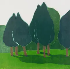 Symphony of Trees by Richard Kemble, woodcut in colors, 1980, offered May 2025
