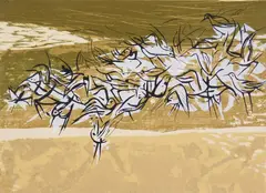 Seong Moy, Dance Bird, woodcut in colors, ca. 1960