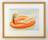 Gretchen O. Troibner, Girl in Orange Tube, gouache on paper, 1995, initialed GOT 96 lower right, matted and