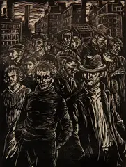 From the Factory by Albert Abramovitz, woodcut, offered Apr 2025