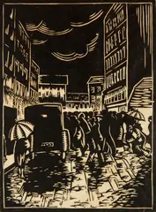 Show's Out woodblock by Emily Atkins Day, woodcut, offered Apr 2025