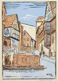 William S. Gisch, Bavarian Village, linocut in colors