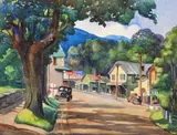 Country Landscape with Yellow House by Lephe Kingsley Holden, watercolor on paper, offered Apr 2025