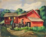 Red Barn by Lephe Kingsley Holden, watercolor on paper, offered Apr 2025