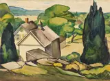 Village Street Scene by Lephe Kingsley Holden, watercolor on paper, offered Apr 2025