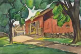 Red Barn by Lephe Kingsley Holden, watercolor on paper, offered Apr 2025