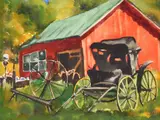 Red Barn and Buggy by Lephe Kingsley Holden, watercolor on paper, offered Apr 2025