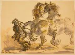 Lee Jackson, Man with Horses, pen and ink with wash