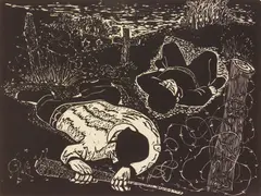 Expendable by Leon Gordon Miller, linocut, offered Apr 2025