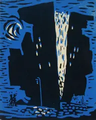City Lights by Leon Gordon Miller, woodcut in two colors, offered Apr 2025
