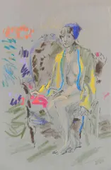Joseph B. O'Sickey, The Yellow Robe, oil pastel on grey Ingres laid paper, estate inventory number on verso