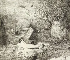 Ruined Bridge after a Winter Flood by Grant Silverstein, etching, offered Apr 2025
