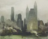 Luigi Kasimir, Fog and Mist, East River, NYC, etching in colors