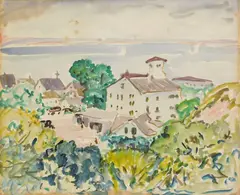 Anne Goldthwaite, Town by Water, watercolor on paper
