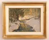 Irby Brown, Winter Landscape with Stream, oil on Masonite