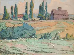 August Biehle, Zoar Landscape, gouache and crayon on paper
