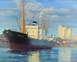 William S. Gisch, Ship in Harbor, oil on board, 1973