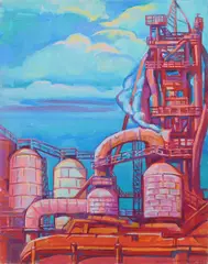 Blast Furnances by Phyllis Seltzer, oil on canvas, 1995, offered Mar 2025