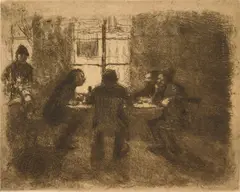 Vier Manner in Der Kneipe by Käthe Kollwitz, etching, 1892, as published in 1931 by Van der Becke, with their blind stamp lower right, offered Feb 2025