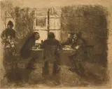 Käthe Kollwitz, Vier Manner in Der Kneipe, etching, 1892, as published in 1931 by Van der Becke, with their blind stamp lower right