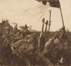 Aufruhr by Käthe Kollwitz, etching, 1899, published in 1945 by Van Der Becke, with their blind stamp lower right, offered Feb 2025