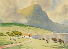 Seán O'Connor, Landscape with Sheep Grazing Near a Lake, watercolor on paper