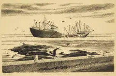 Grace Albee, Aground on Seal Rock wood, engraving, 1967