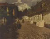 Frits Thaulow, European Village Street in the Evening, etching in colors