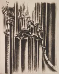 Jolán Gross-Bettelheim, Skyscrapers, drypoint, ca. 1950