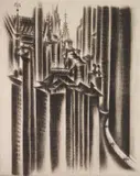 Jolán Gross-Bettelheim, Skyscrapers, drypoint, ca. 1950