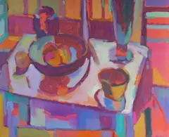 Untitled by R.B. McKnight, 1986, oil on canvas abstract still life, offered Mar 2025