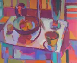 Untitled by R.B. McKnight, 1986, oil on canvas abstract still life, offered Mar 2025