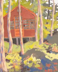 Untitled by Carol Acquilano, oil on board painting of a cabin, offered Mar 2025