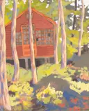 Untitled by Carol Acquilano, oil on board painting of a cabin, offered Mar 2025