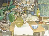 Marjorie Stevens, Untitled, 1973, watercolor painting of an interior