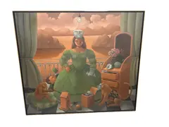 This large-scale oil painting by Carmelo Niño presents a richly detailed surrealist interior scene featuring a seated female figure in an elaborate green dress by Carmelo Niño, Oil on Canvas, offered Jun 2026