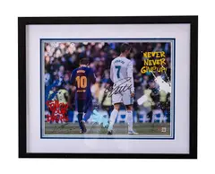 Thierry Guetta, "Messi & Ronaldo", Mixed Media on Paper Signature: Hand-signed by Cristiano Ronaldo, Lionel Messi, and Mr. Brainwash Framing: Housed in a professional matte black gallery frame with a white outer mat and a double blue and silver inner mat liner