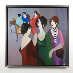 Itzchak Tarkay, Midnight Meeting, Acrylic and mixed media on canvas Signature: Hand-signed in the lower right corner