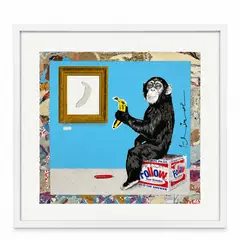 Thierry Guetta, Everyday Life (Banana Study), Silkscreen and Mixed Media Collage on Paper Signature: Hand-signed in black ink on the right side of the image field "Mr. Brainwash" with an integrated heart motif Framing: Housed in a sleek contemporary gallery-style white wooden frame, deep-matted under glass