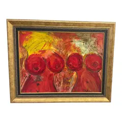 "Dos Amores" by Miguel Fleitas, Vibrant abstract figurative composition depicting two stylized female figures rendered in rich shades of red, Acrylic on Canvas