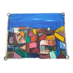 Caserio by Noelio Munoz, Original, acrylic on canvas painting depicting a colorful village or cityscape rendered in